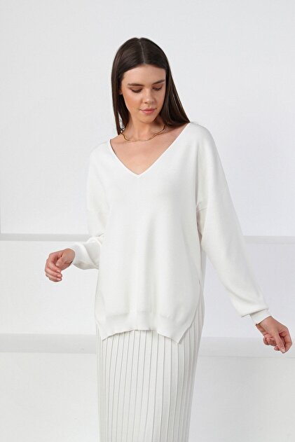 White V-Neck Slit Viscose Women's Knitwear Sweater
