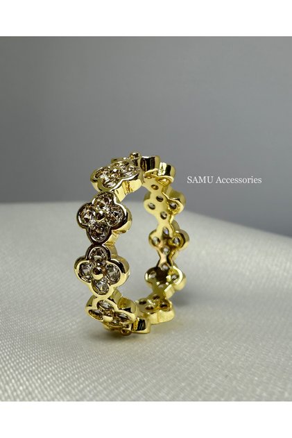 Adjustable Steel Ring with Sequential Flower Stones - Golden Flower Garland Ring