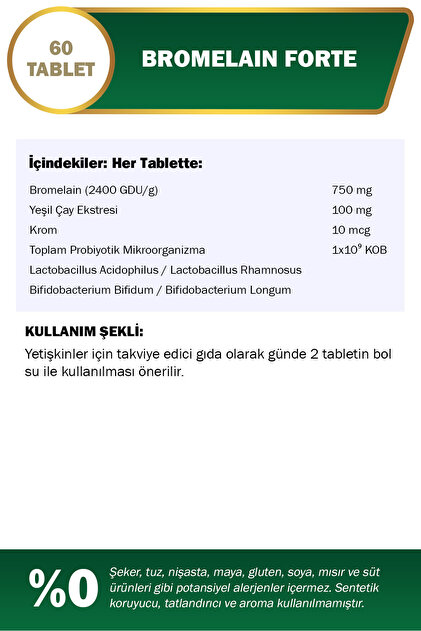 Nutraxin Bromelain Forte 750 mg 60 Tablet Krom Yeşilçay Probiyotik