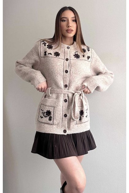 Contrast Embroidery Wool Blend Darcy Knitwear Cardigan with Belt