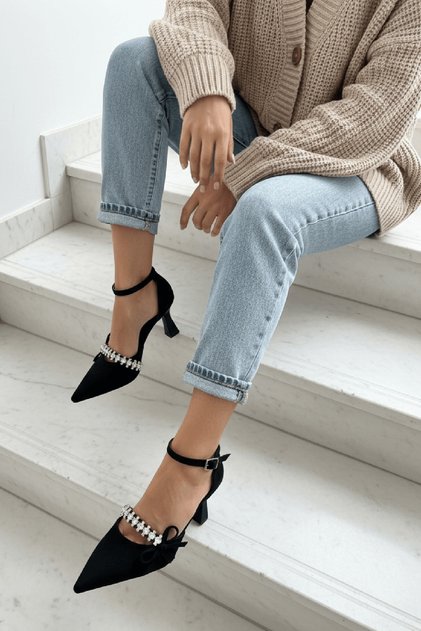 Jeremy Black Suede Pointed Toe Heeled Shoes with Stone Bow (8 cm Heel)