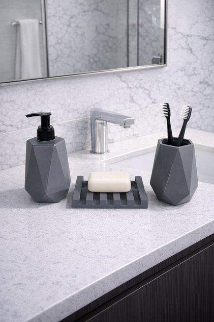 Decorative 3 Piece Geometric Grey Color Concrete Bathroom Set Toothbrush Holder Liquid Soap Dispenser Solid Soap Dispenser