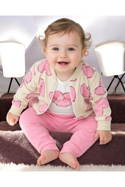 Baby Girl Seasonal 3-Piece Set – Heart Printed Jacket, Long Sleeve Badi and Bottom – 6-24 Months