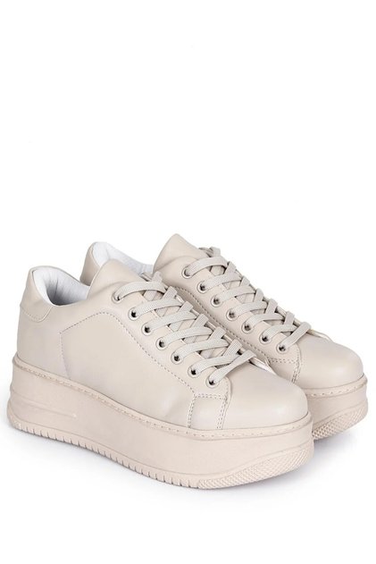 Kadın Comfort Bej Günlük Spor Ayakkabı Bağcıklı Yüksek Sneaker Taban 5 cm