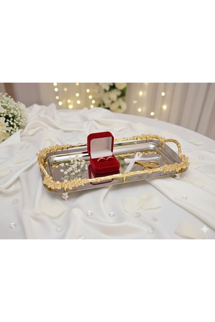 Özel Lüks Kulplu ve Ayaklı Söz Nişan Tepsisi - Çeyizlik & Hediyelik Baton Sunum Tepsisi (33, x18cm)
