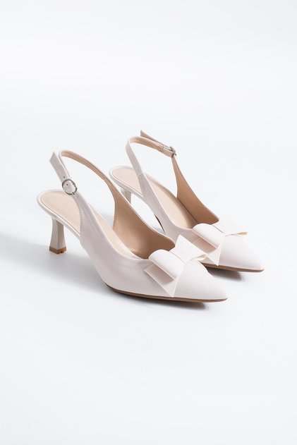 Lapes Bowknot Open Back Women's Heeled Shoes Beige Satin
