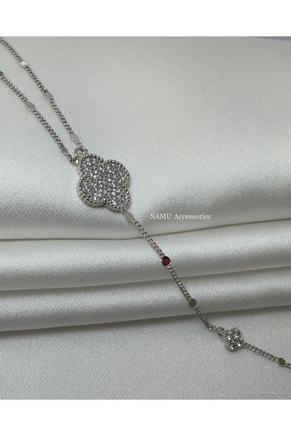 Pavé Yonca and Coin Chain Steel Necklace - Silver Pavé Clover Drop Necklace