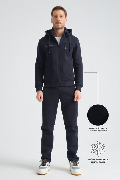 Navy Blue Premium Winter Men's Tracksuit Set Regular Hooded