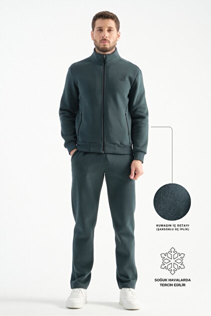 Dark Green Deluxe Winter Men's Tracksuit Set with Stitching Detail Regular Fit