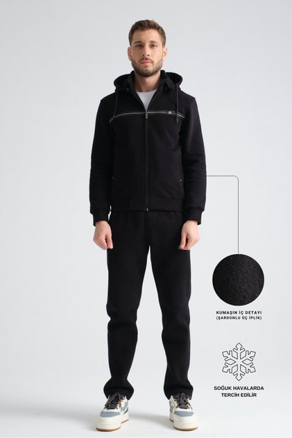 Black Men's Winter Tracksuit Set, Three-Thread Hooded Regular Fit