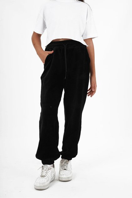 Girl's Velvet Fabric Elastic Leg Jogger Pants Pants - 24Wb002 - Black