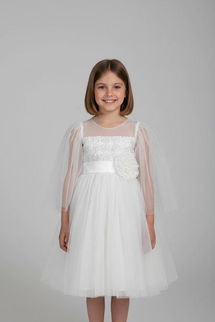 Girl's Glittery and Flower Detailed Evening Dress White Princess Model Tulle Evening Dress April 23 and Graduation