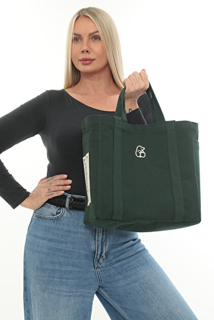 Green-1 Color Embroidered 340Gr Gabardine Fabric Bag 34X31X14Cm with Double Side Pockets, Inner Pocket and Lining