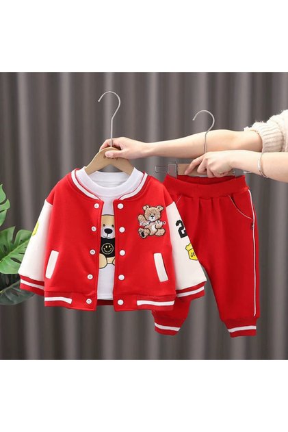 Set de haine pentru copii – 3 piese cu ursuleț – cardigan roșu, bluză albă și pantaloni sport
