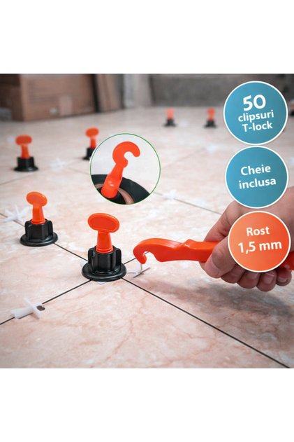 Sistem de nivelare a plăcilor ceramice PRO, 50 de cleme T-Lock, cheie inclusă, 1,5 mm