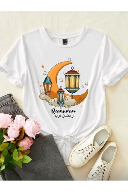 Ramadan Eid Printed Girls' T-Shirt, 100% Cotton Fabric