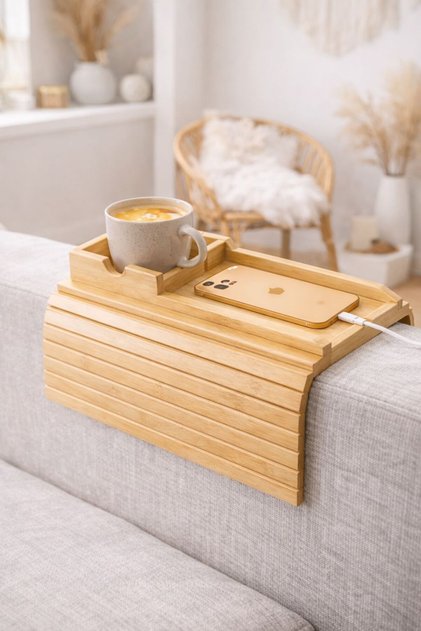 Bambu Bölmeli Koltuk Kolu Sehpası Yan Sehpa Kolçak Tepsi Organizer