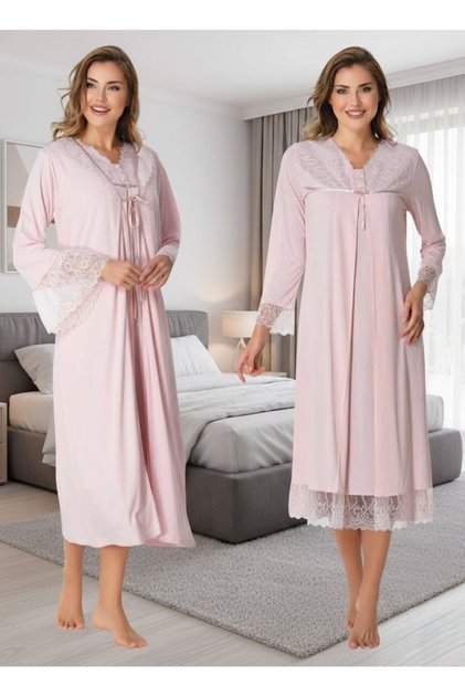 Women's Pink Long Sleeve Stylish Lace Embroidered Cotton Special Design Dressing Gown Nightgown Set Effort