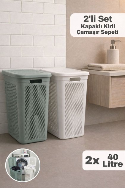 2'li Kirli Çamaşır Sepeti Seti 40 Litre - Kapaklı - Delikli - Slim Kirli Sepeti Banyo Organizer