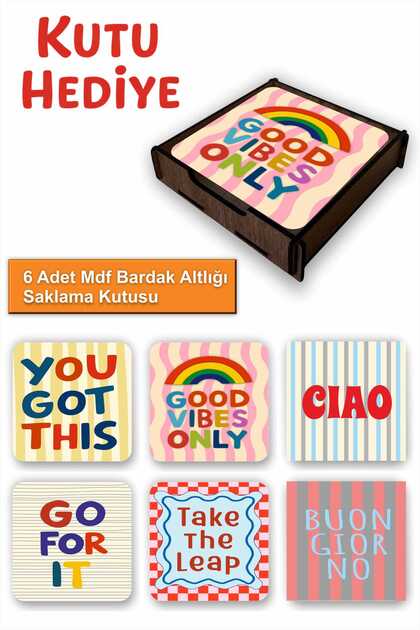 Set of 6 Mdf Coasters with Storage Box – Motivational Quotes Themed