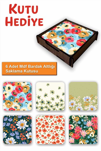 Set of 6 Mdf Coasters with Storage Box – Floral Theme