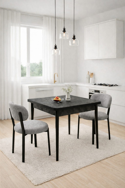 Ahşap Mutfak Masası Takımı Metal Ayaklı 2 Adet Antrasit Sandalye 70x70 Masa (2Gri Aris )
