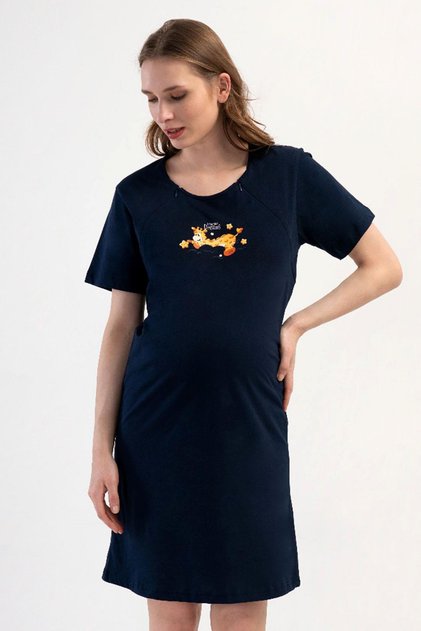 Women's Short Sleeve Breastfeeding-Friendly Navy Blue Maternity Nightgown 100% Cotton C0T8N2804