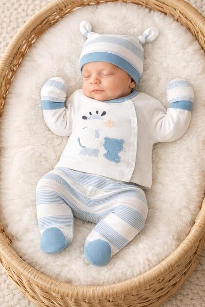 5-Piece 100% Cotton Cute Giraffe Patterned Newborn Baby Boy Hospital Discharge Bodysuit Set 0-3 Months Boxed