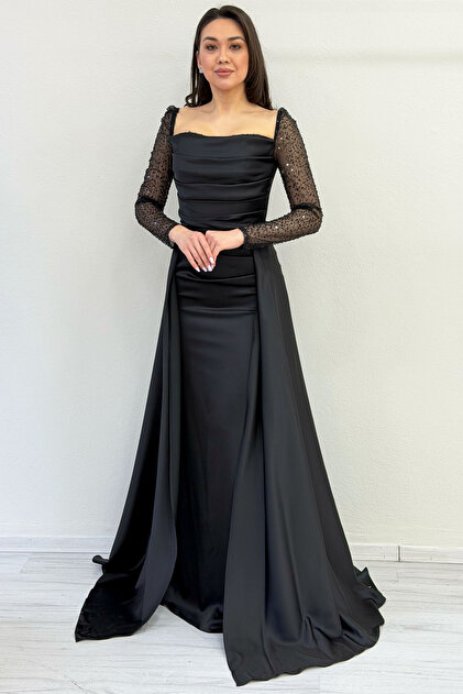 Women's Sequin Embroidered Long Sleeve Square Neck Satin Tail Evening Dress Black, Lilac, Navy Blue