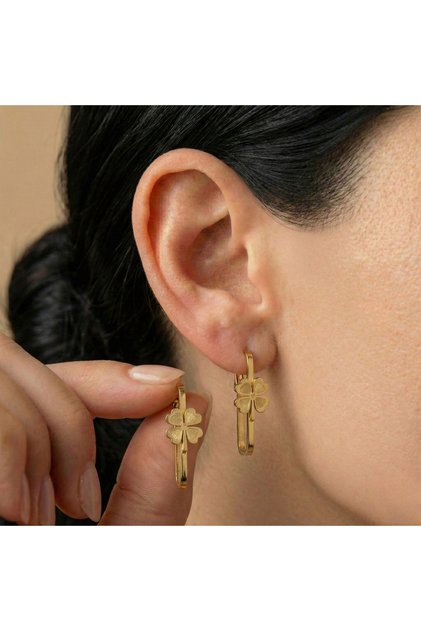 Steel Earrings Gold Color Clover Stone Detailed Women's Earrings