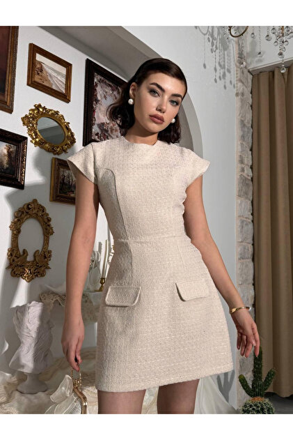 tweed beige dress Beige Tweed Mini Dress - All Dresses