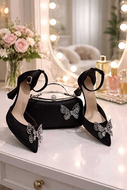 Famels Women's High Heel Shoes with Black Satin Butterfly Stone Bow, Evening Dress Shoes and Evening Dress Bag Set- Trendyol Famels Women's High Heel Shoes with Black Satin Butterfly Stone Bow, Evening Dress Shoes and Evening Dress Bag Set- Trendyol