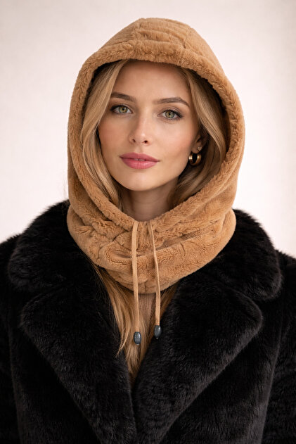 Yumoş Balaklava Furry Plush - Beanie Hat Neck Collar Balaclava Women