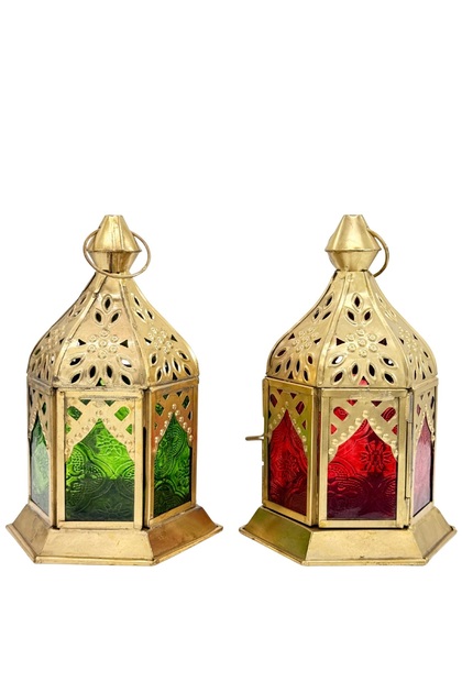 Set of 2 Small Moroccan Arabic Lanterns – Gold Metal with Green & Red Glass, Decorative Ramadan Fanoos Candle Holders for Eid, Diwali, Christmas, Indoor & Outdoor Hanging Lanterns