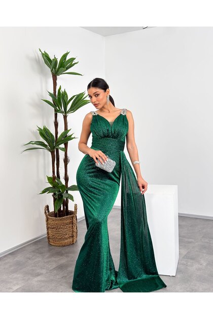 Shoulder Stone Detailed V-Neck Glittery Maxi Women's Evening Dress