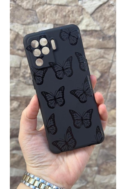Oppo Reno 5 Lite Compatible Black Butterfly Patterned Silicone Shock Absorbing Classic Protected Rubber Case