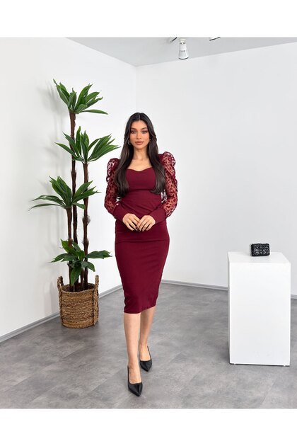 Heart Neckline Transparent Long Sleeve Embossed Detailed Medium Length Stretchy Women's Pencil Dress