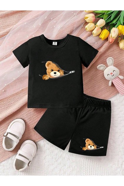 Summer Zippered Teddy Bear Printed Girls' and Boys' Black Top and Bottom Shorts T-Shirt Set