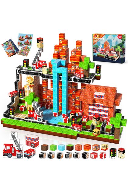 100PCS Fire Truck Magnetic Building Cube Game Toys for Boys & Girls Age 3-4,5-8 9 10