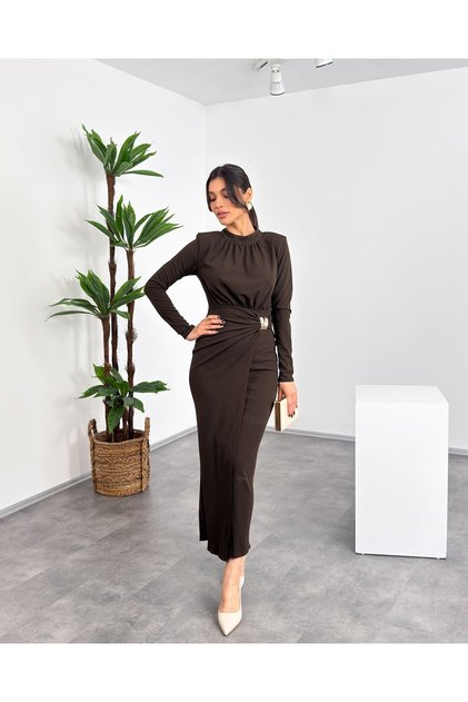 Hakim Collar Draped Roba Detailed Buckled Long Women's Dress