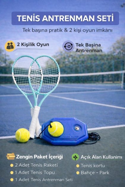Çok Amaçlı Tenis Seti 2 Adet 21 inç Raket Top Çanta Tenis Antrenman Aparatı Antrenman Spor Eğlence