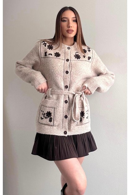 Soft Textured Contrast Embroidery Wool Blend Belted Knitwear Cardigan