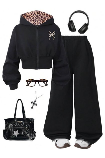 Girl's Black Hooded Inner Patterned Ribbon Printed Top Jacket and Wide-Leg Bottoms Set