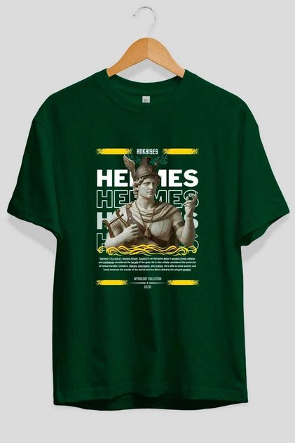 Hermes 2 Mythology Front Printed Green Oversize T-Shirt Men Women Cotton Crew Neck Tshirt
