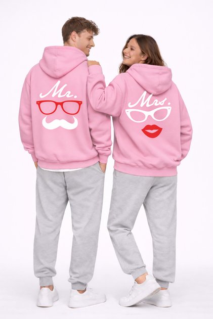 Dear Couple Funny Face Printed Black Oversize Hoodie Set for Women and Men Pink