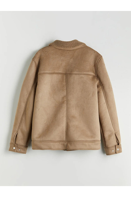 Beige Standard Fit Fur Collar Men's Suede Coat