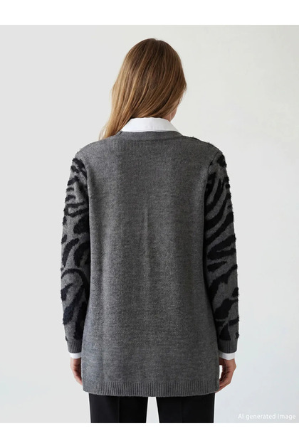 Black V-Neck Patterned Women's Knitwear Cardigan