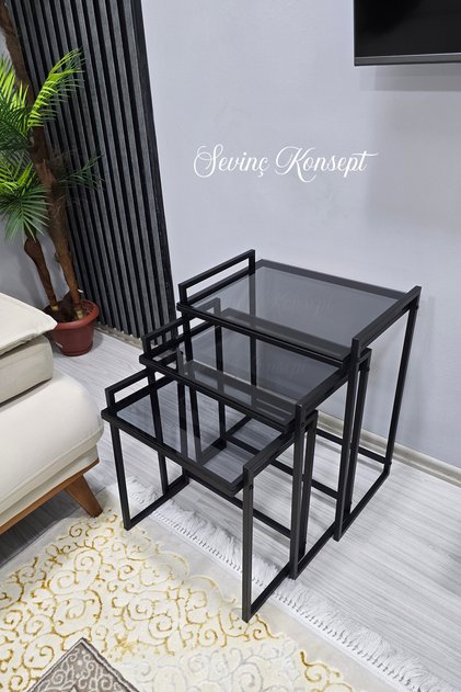 3'lü SİYAH Rana Sehpa, FÜME Camlı, Çok Amaçlı Zigon Sehpa, Yan Sehpa, Orta Sehpa, Metal Sehpa