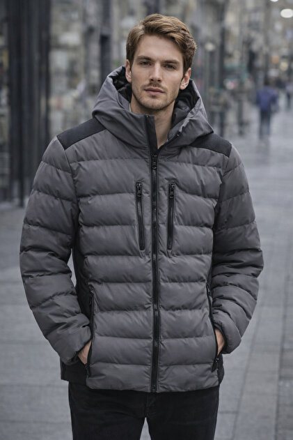 Zipper Detailed Hooded Men's Puffer Jacket