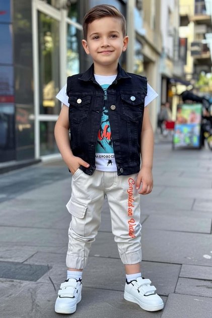 Boy's Digital Tiger Printed T-Shirt with Back Print, Zero Black Jean Jacket, Bottom and Top Set